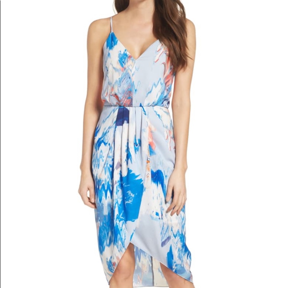 Blue watercolor print faux wrap dress